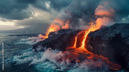 Dramatic volcanic eruption at ocean's edge