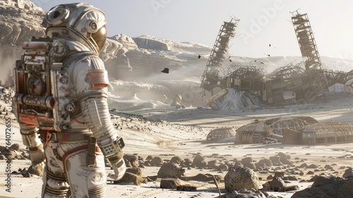 astronaut seeing destroyed infrastructure on another planet