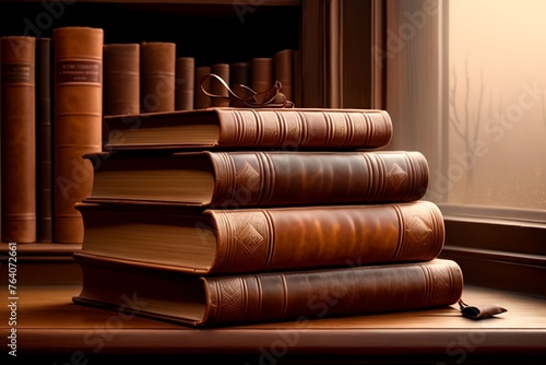 old leather bound books on brown background