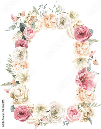 Watercolor Floral Bouquet Arch Frame. Pastel Wreath for Wedding Invitation Card