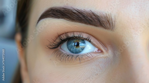 Permanent Makeup For Eyebrows. Closeup Of Beautiful Woman With Thick Brows In Beauty Salon. Beautician Doing Eyebrow Tattooing For Female Face. Beauty Procedure. will color the eyebrows. Eyebrow