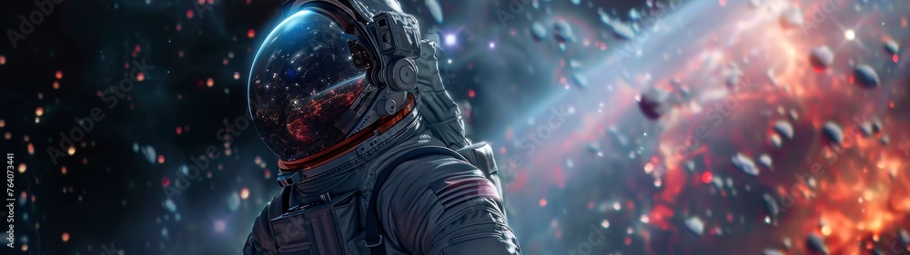 banner of an astronaut floating in space observing stars, galaxies, planets - obrazy, fototapety, plakaty 