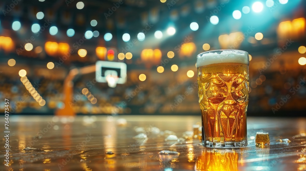 Glass of beer on basketball stadium background --ar 16:9 --style raw Job ID: 9392ebb0-e0fe-4669-9375-121a03247121