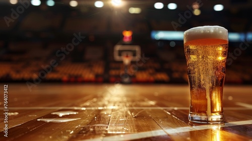Glass of beer on basketball stadium background --ar 16:9 --style raw Job ID: 9392ebb0-e0fe-4669-9375-121a03247121 photo