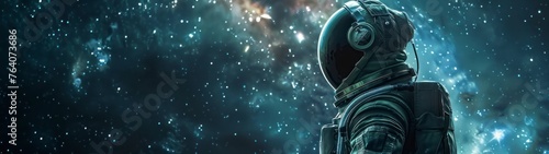 banner of an astronaut floating in space observing stars, galaxies, planets, comets