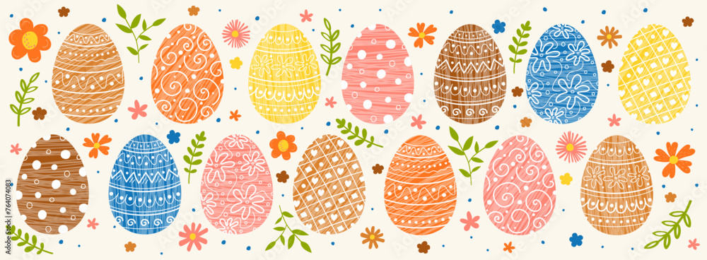 Easter design with decorations. Banner with painted eggs and flowers. Panoramic header. Vector illustration Easter design with decorations. Banner with painted eggs and flowers. Panoramic header. Vector illustration