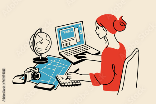 A woman planning a trip by collecting information from the web