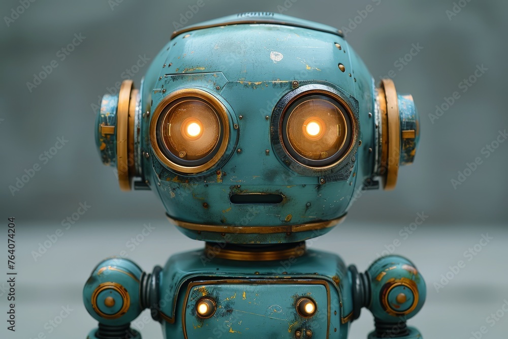 Intimate close-up of a blue robot with brightly glowing eyes conveying thoughtfulness Intimate close-up of a blue robot with brightly glowing eyes conveying thoughtfulness