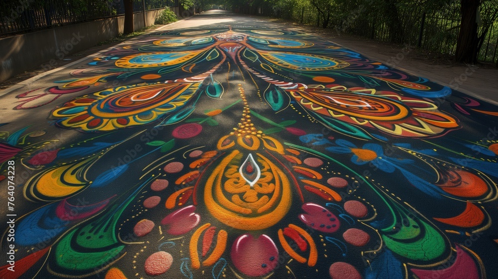 Malowidło na chodniku w parku kolorowym pyłem. Scena odzwierciedla kreatywność i radość związane z hinduskim świętem Holi.