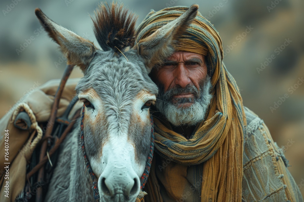 An expressive portrait of a elderly man closely bonded with a donkey, both sharing a moment of companionship An expressive portrait of a elderly man closely bonded with a donkey, both sharing a moment of companionship