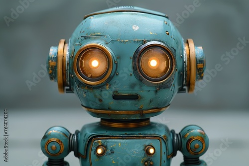 Intimate close-up of a blue robot with brightly glowing eyes conveying thoughtfulness photo