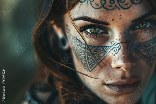 Close-up Portrait of a Captivating Temptress, With Intricate Tattoos Adorning Her Skin Like Ancient Runes