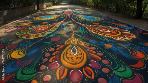 Malowidło na chodniku w parku kolorowym pyłem. Scena odzwierciedla kreatywność i radość związane z hinduskim świętem Holi.
