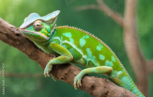 Green colored chameleon close up
