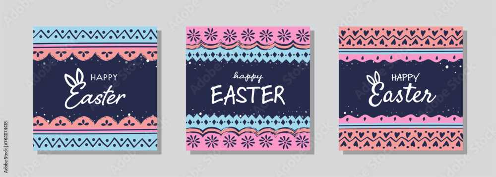Happy Easter. Greeting card with ornaments. Painted egg pattern. Collection Vector illustration