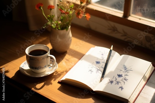 beautiful desk, book, and flower with light on the window
