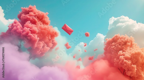 Abstrakcyjna scena z różowymi drzewami rosnących aż do chmur i lecąca wiadomość w różowej kopercie na tle nieba