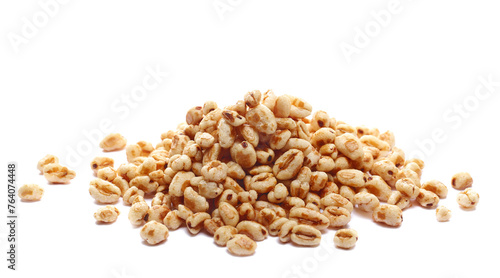 Puffed wheat cereal flakes with honey isolated on white, side view