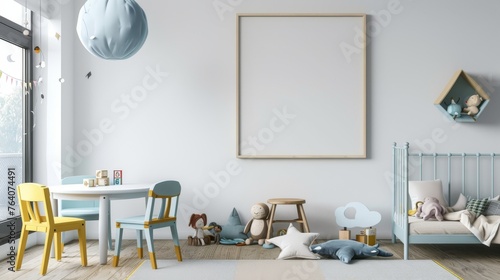 frame mockup in baby bedroom and children's playroom with white wall background, 3d render, 3d illustration