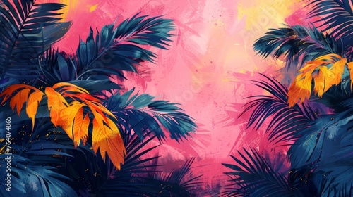Colorful tropical foliage on pink background photo