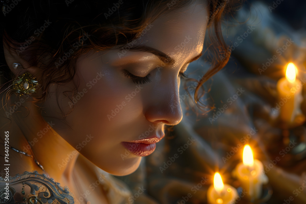 Close-up of a Radiant Woman, Bathed in Soft Candlelight, Exuding Timeless Elegance and Grace 