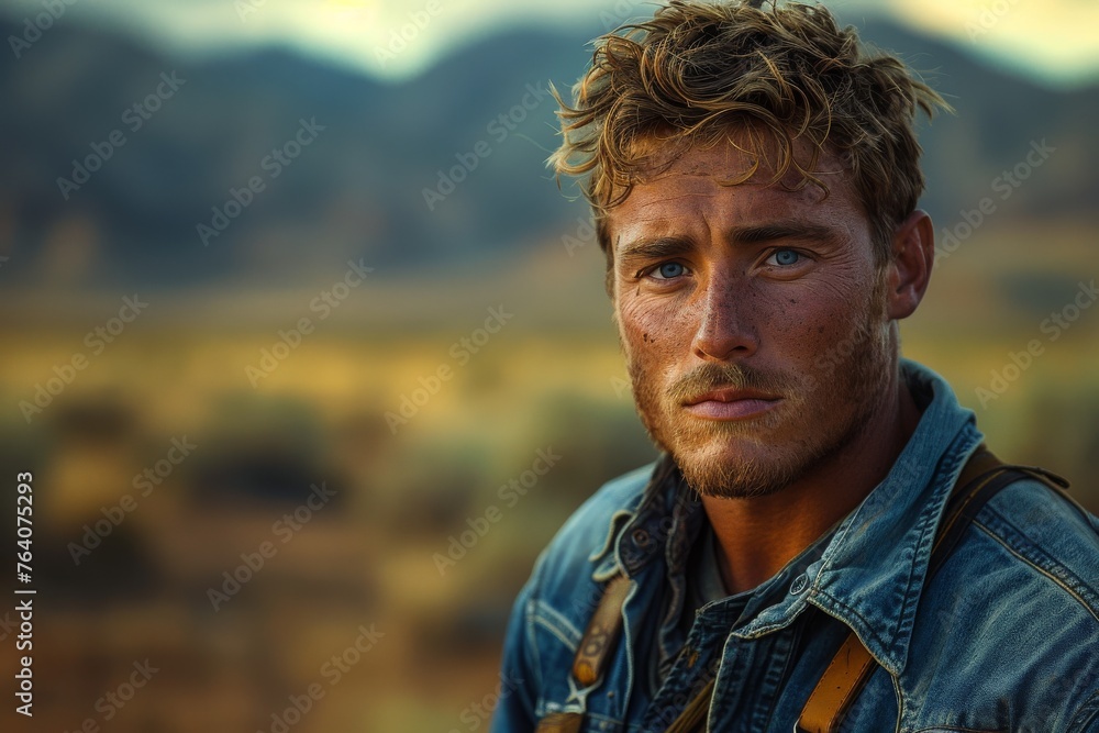 Outdoor portrait of an attractive young man with blue eyes, set against a blurred natural landscape Outdoor portrait of an attractive young man with blue eyes, set against a blurred natural landscape
