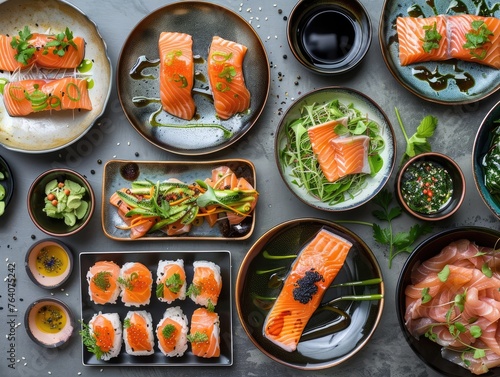 A creative flat lay of various salmon dishes showcasing international culinary uses