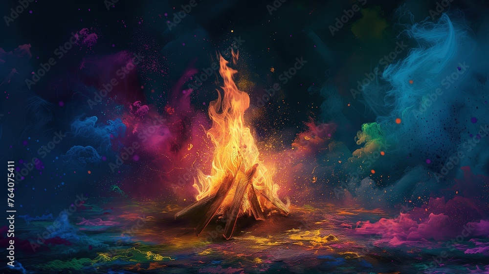 Scenę ognia z ogniska świecącego w ciemności, otoczonego przez kolorowy tajemniczy dym. Symbol Holi - obrazy, fototapety, plakaty 