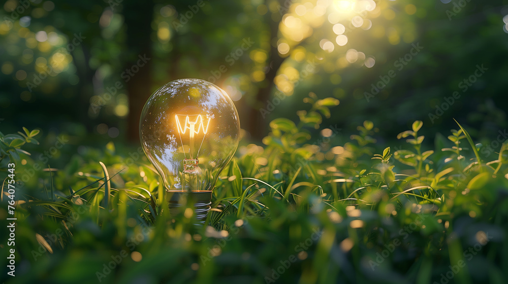 AI generative sustainability realistic lightbulb lay down on grass, bokeh background with sunlight