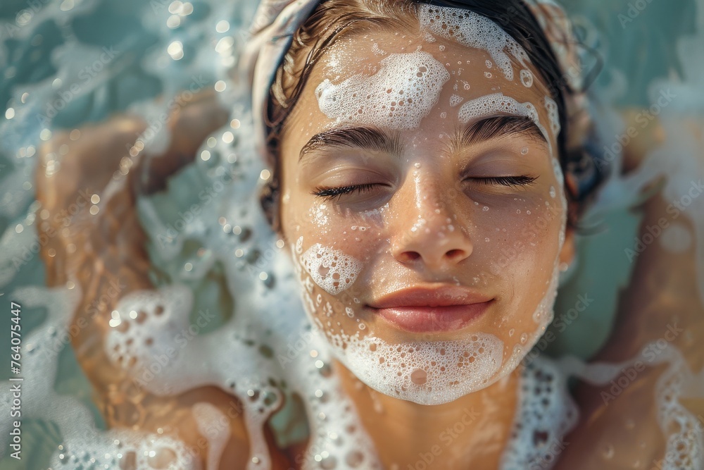 A serene woman's face surrounded by water and bubbles, with closed eyes indicating relaxation A serene woman's face surrounded by water and bubbles, with closed eyes indicating relaxation
