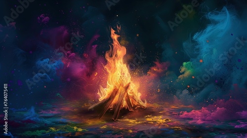 Scenę ognia z ogniska świecącego w ciemności, otoczonego przez kolorowy tajemniczy dym. Symbol Holi