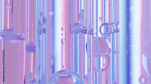 An image showcasing reflective vertical lines with bubbles creating a modern, abstract concept with purple and pink tones