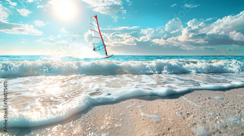 boat in the sea, surfer on the beach, A dynamic shot of a professional windsurfer riding the waves on a pristine beach