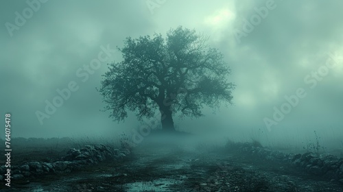 Misty oak tree on a foggy path