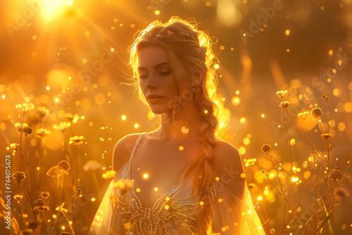 Full Body Portrait of a Radiant Enchantress, Bathed in Golden Sunlight, Her Beauty Radiating Like a Beacon of Hope