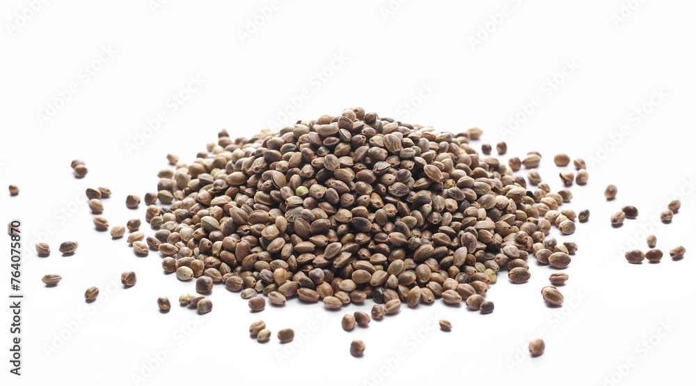 Hemp seeds pile isolated on white background, side view Hemp seeds pile isolated on white background, side view