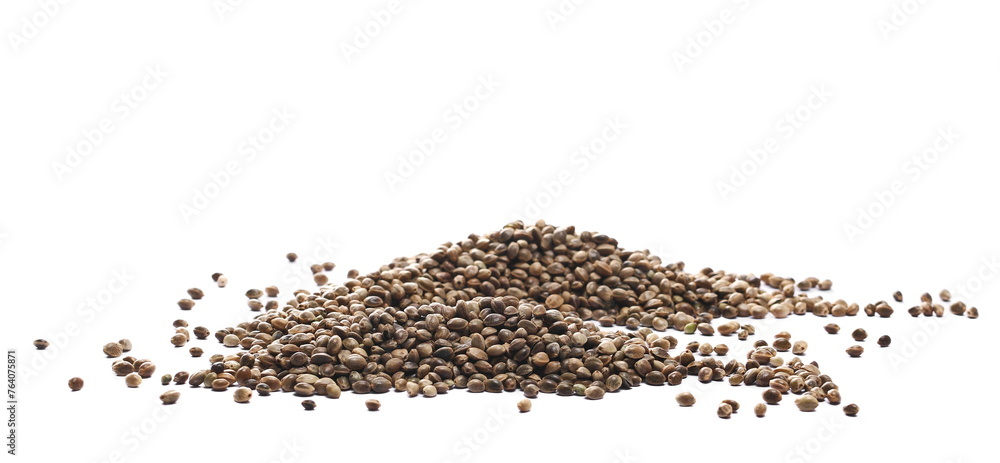 Hemp seeds pile isolated on white background, side view Hemp seeds pile isolated on white background, side view
