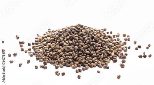 Hemp seeds pile isolated on white background, side view