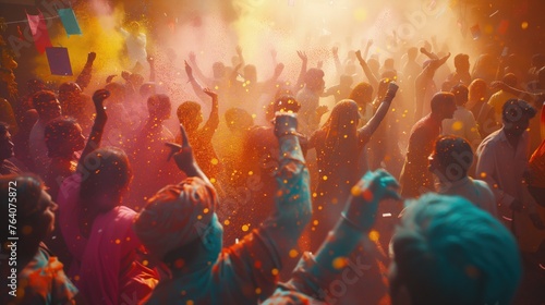 Grupa ludzi stoi przed tłumem kolorowego pyłku podczas święta kolorów Holi. Wesoła atmosfera, taniec i wrzucanie kolorowego proszku w powietrze.
