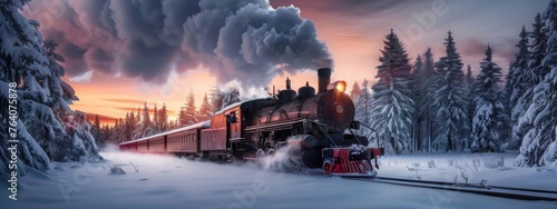 Historic steam locomotive. Old vintage train ride in the snowy forest in north pole. Fairy tale winter landscape. Retro aesthetic. Christmas and New Year concept. Design for banner, card, poster photo