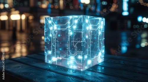 Illuminated circuit cube on wooden surface in the city at night