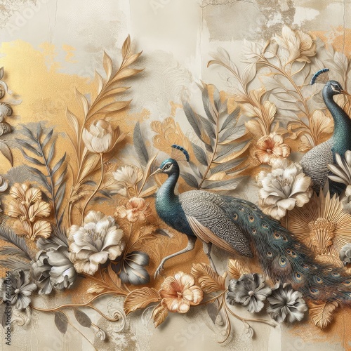 Abstract Textured Background with Vintage Floral, Peacocks, and Gold