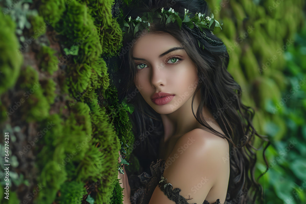 Half Body Image of an Alluring Enchantress, Leaning Against a Moss-Covered Wall, Her Eyes Holding a Thousand Secrets Half Body Image of an Alluring Enchantress, Leaning Against a Moss-Covered Wall, Her Eyes Holding a Thousand Secrets
