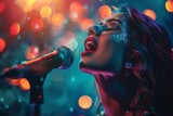 A lively scene of a music performance with a shining microphone and vibrant, bokeh background lights, highlighting the energy of live music