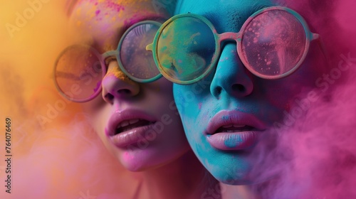 Dwie kobiety z okularami na twarzach podczas dna kolorów holi z kolorowym proszkiem