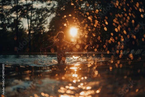 Boy splashing water in a pool at sunset. Summer, holidays, world children's day.