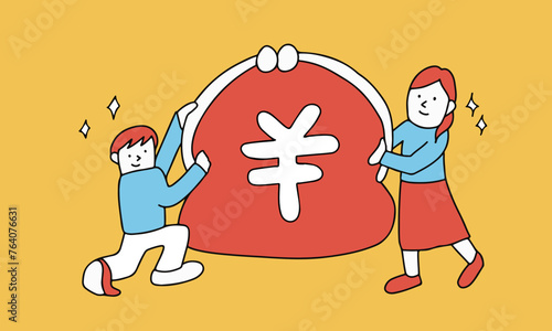 大きな財布を持つ男女のイラスト　家計・お小遣いのイメージ