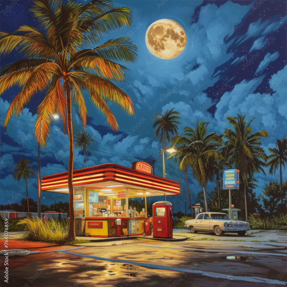 Fototapeta premium Vivid Neon Gas Station at Night