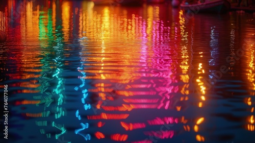 Pofalowana powierzchnia wody na której odbija się światło w kolorach tęczy
