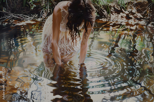 Half Body View of a Captivating Nymph, Wading Through a Shallow Stream, Her Reflection Rippling with Every Step -